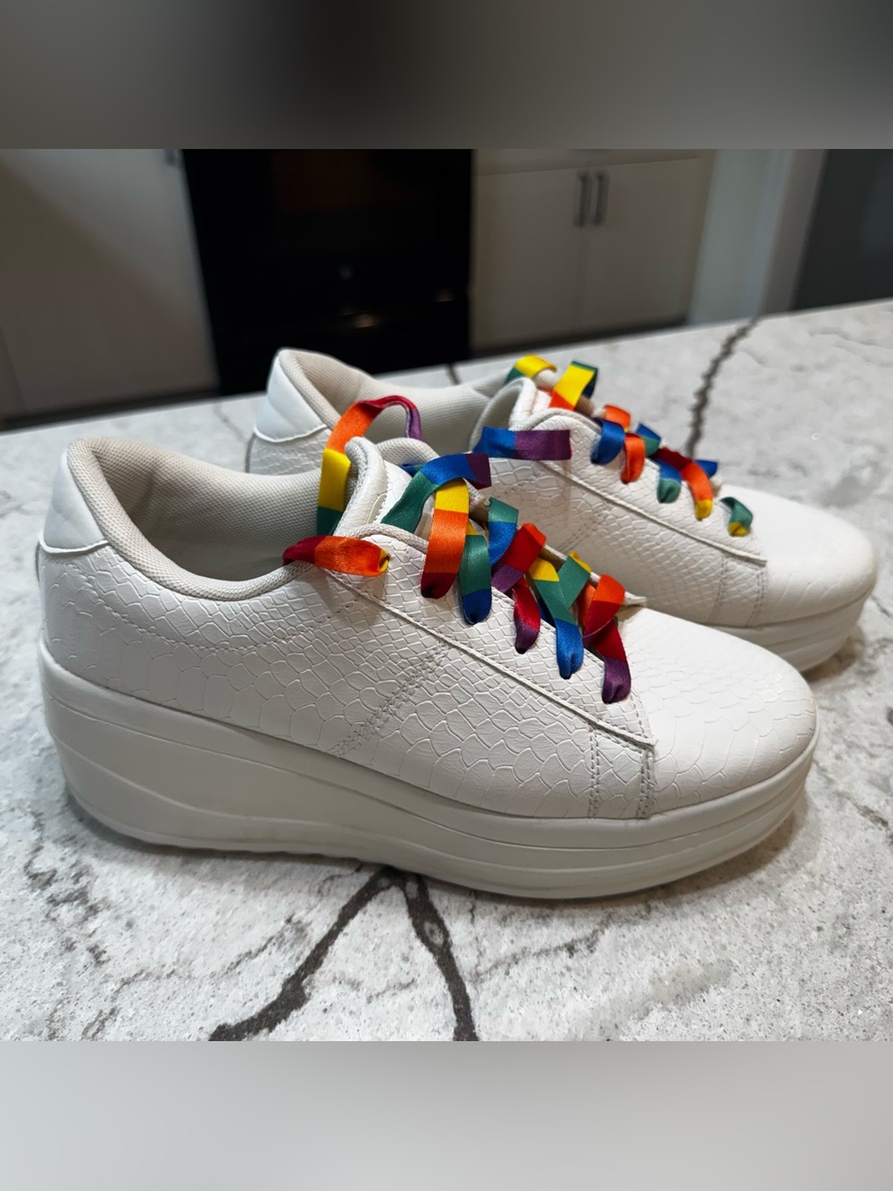 Nasty Gal White Platform Sneakers Rainbow Laces Women’s Size 9 EU 40
